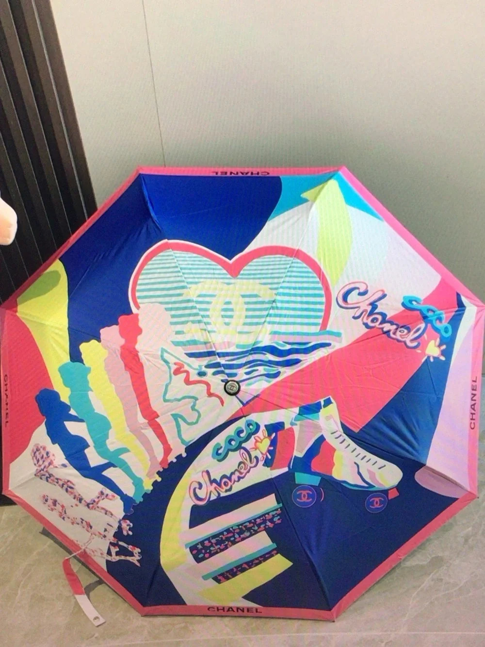 CHANEL Pink, Blue & Yellow Graphic Coco Heart Umbrella